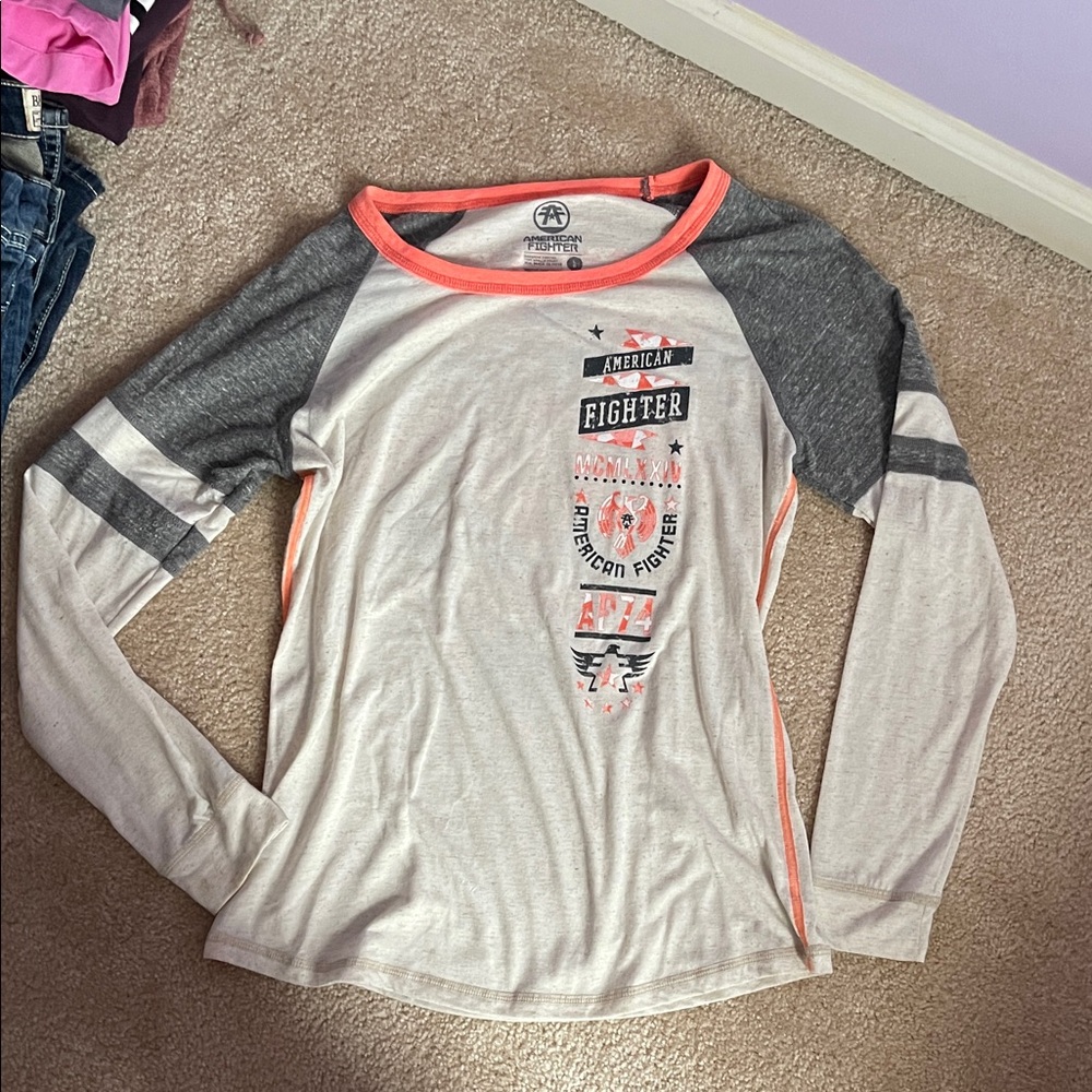 American Fighter Long Sleeve Raglan Top in Heather Gray with Coral Trim